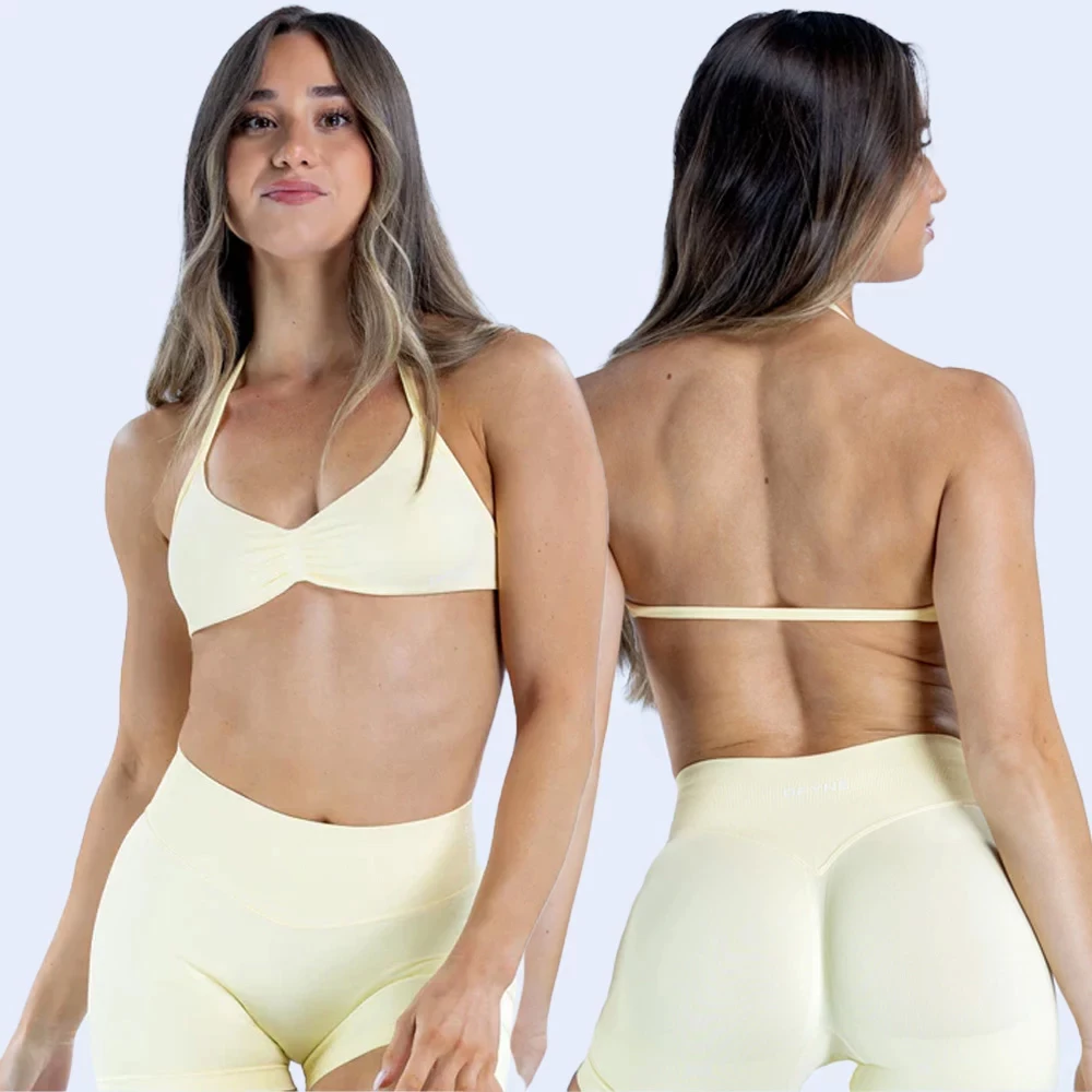 Seamless Halter Impact Strappy Backless Yoga Top Gym Sport Gym Bra for Women