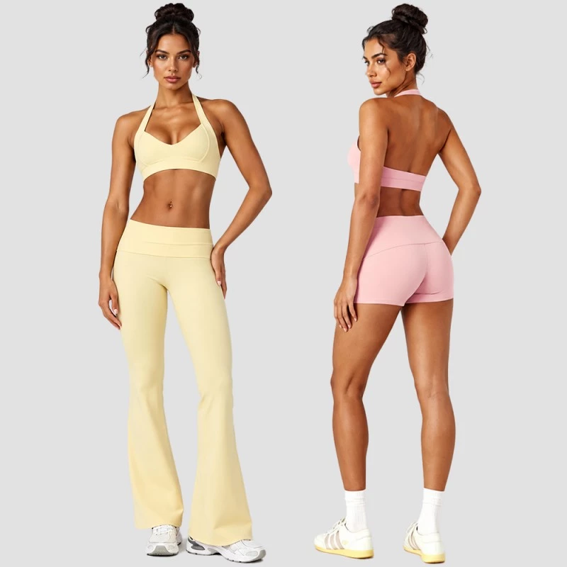 Quick Dry Two Piece Set Women's Yoga Sets with Flare Pants and Shorts for Outdoor Sports